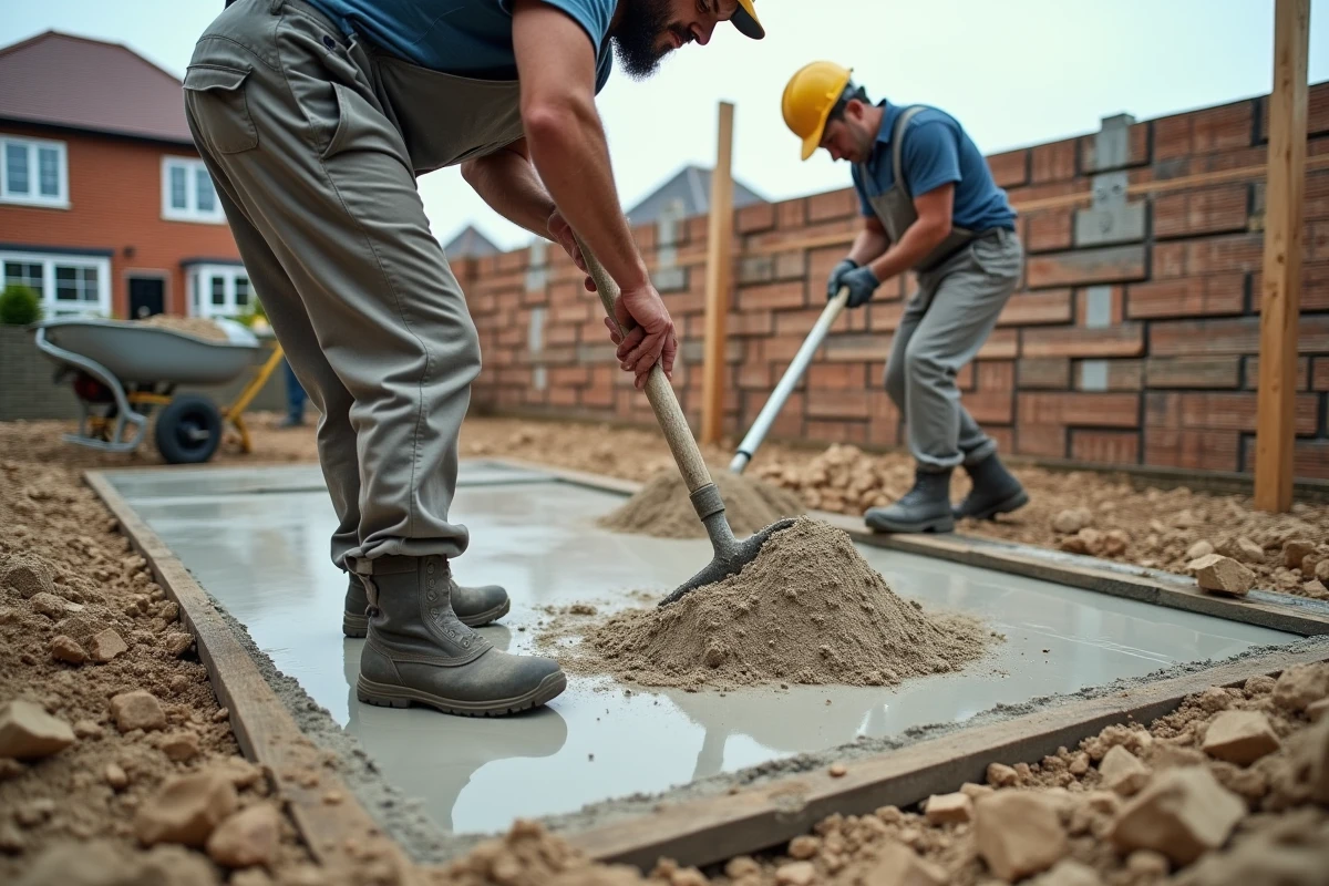 Vue large d'un chantier résidentiel avec ouvriers étalant du sable pour la préparation d'une dalle béton