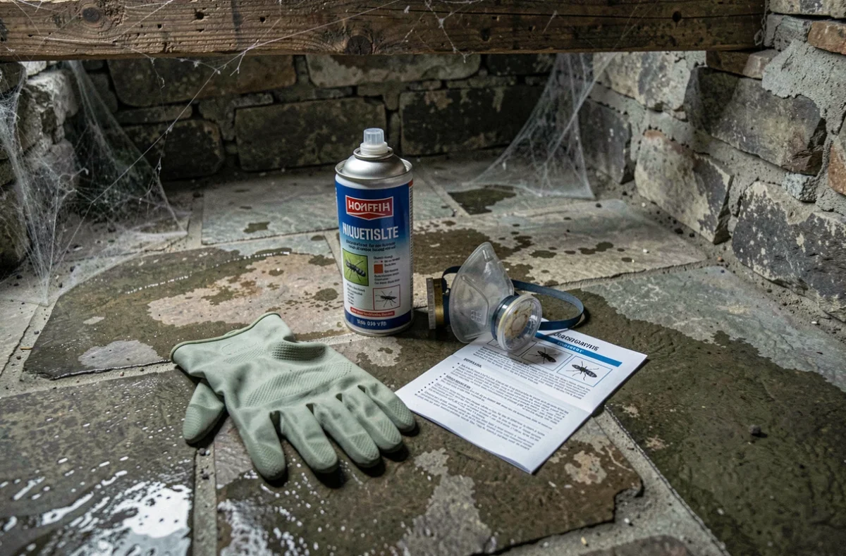 Produits anti cafard professionnels posés sur le sol d'une cave en pierre avec équipements de protection