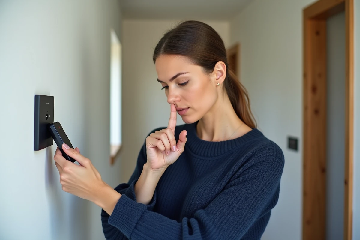 Femme appuyant sur le bouton de programmation d'une télécommande Somfy près d'un récepteur mural
