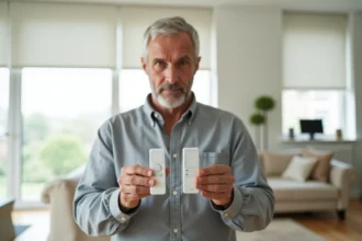 Homme tenant deux télécommandes Somfy pour programmer l'une depuis l'autre dans un salon moderne