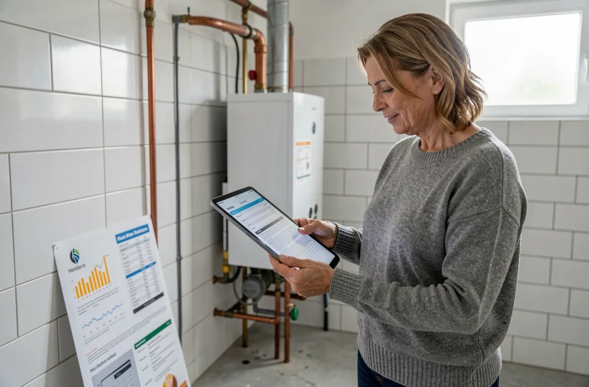 Propriétaire comparant ses factures de gaz et les options de remplacement par une pompe à chaleur dans une chaufferie