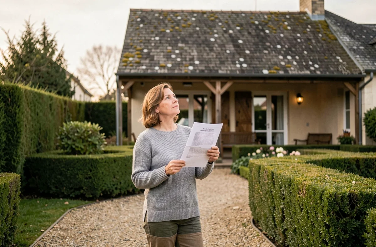 Propriétaire évaluant un devis d'entretien de toiture shingle devant sa maison en regardant le toit
