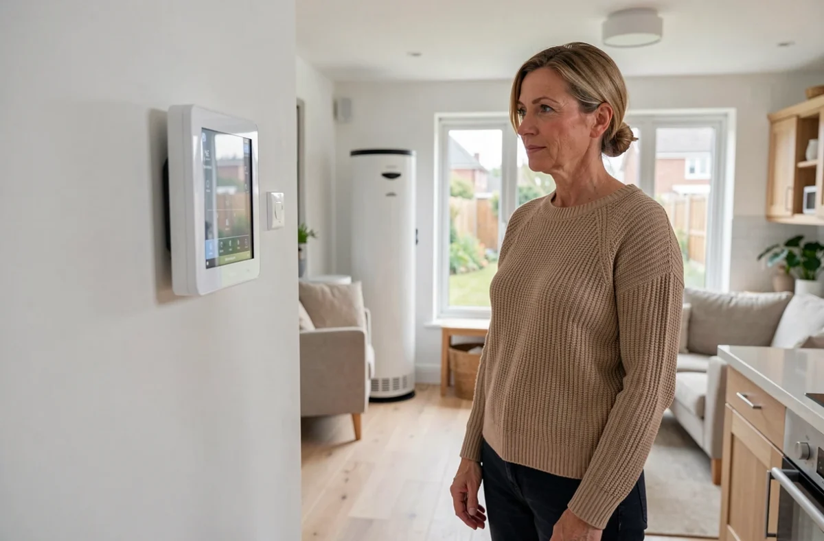 Femme consultant un thermostat connecté de pompe à chaleur dans un salon moderne aux tons clairs et chaleureux