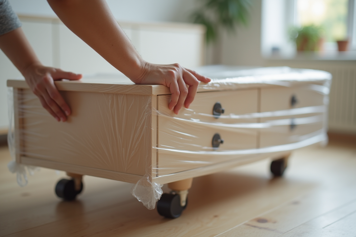 Mains manipulant un dressing protégé dans un intérieur moderne