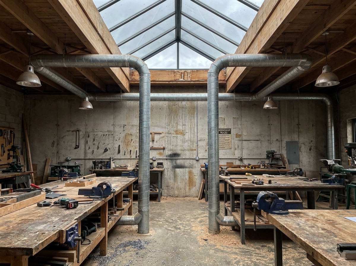 Atelier de travail avec système de puits canadien et gaines de ventilation naturelle montées au plafond