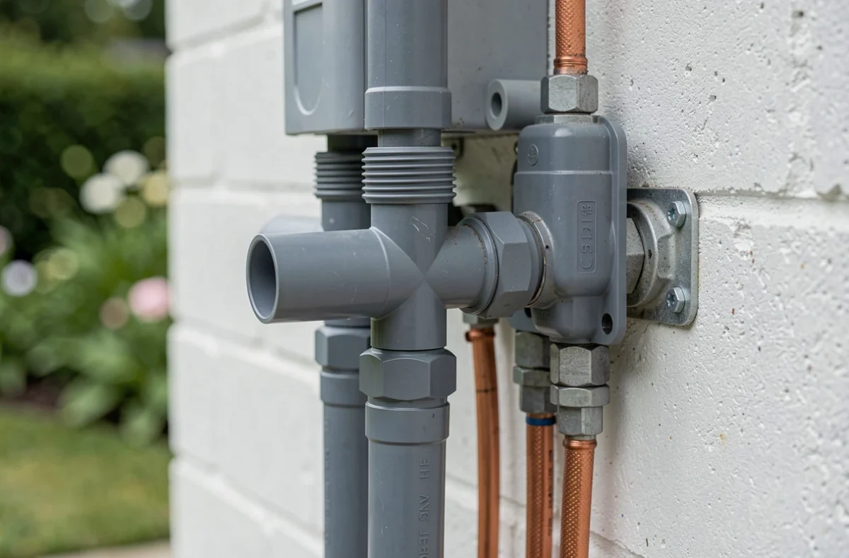 Détail des raccordements hydrauliques et électriques d'une pompe à chaleur de piscine