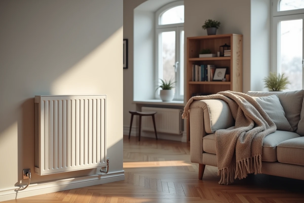 Radiateur électrique mural intégré dans un salon moderne chaleureux avec parquet en chevrons et canapé confortable en hiver