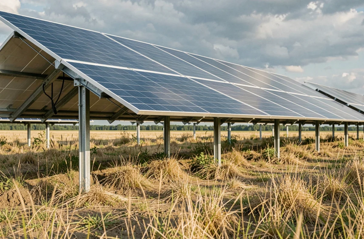 Rangée de panneaux solaires bifaciaux montés sur structure au sol dans un champ agricole avec espace sous les modules