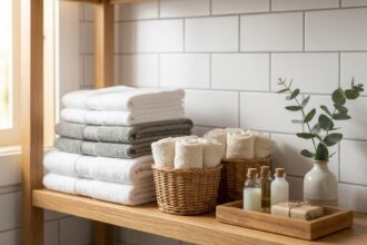 Étagère de salle de bain bien organisée avec serviettes pliées et paniers en osier pour ranger le linge au quotidien