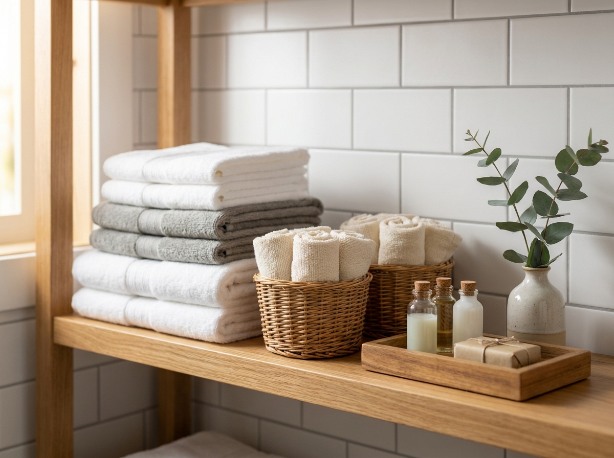 Étagère de salle de bain bien organisée avec serviettes pliées et paniers en osier pour ranger le linge au quotidien