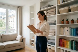 Femme organisant un salon moderne avec des étagères de rangement intégrées dans un appartement à Thiais