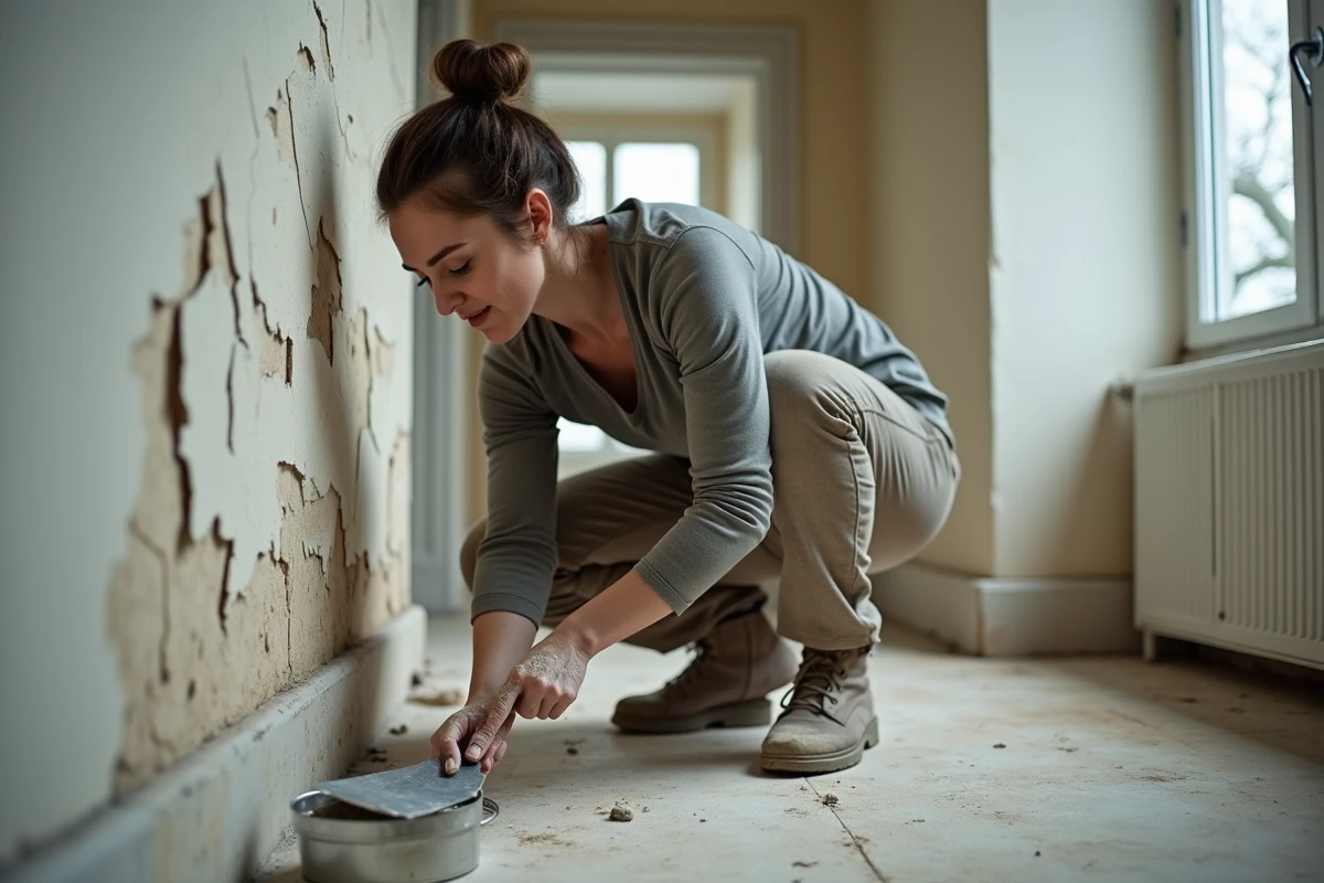 Décoratrice utilisant une spatule pour reboucher les fissures d'un mur avant la mise en peinture