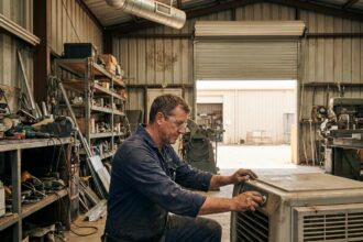 Technicien ajustant un refroidisseur évaporatif portable dans un atelier industriel avec porte roulante ouverte