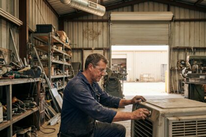 Technicien ajustant un refroidisseur évaporatif portable dans un atelier industriel avec porte roulante ouverte
