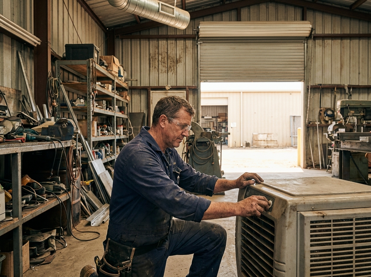 Technicien ajustant un refroidisseur évaporatif portable dans un atelier industriel avec porte roulante ouverte
