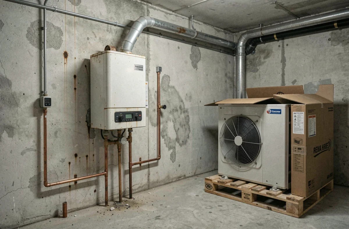 Remplacement d'une ancienne chaudière gaz murale par une unité intérieure de pompe à chaleur dans un sous-sol résidentiel