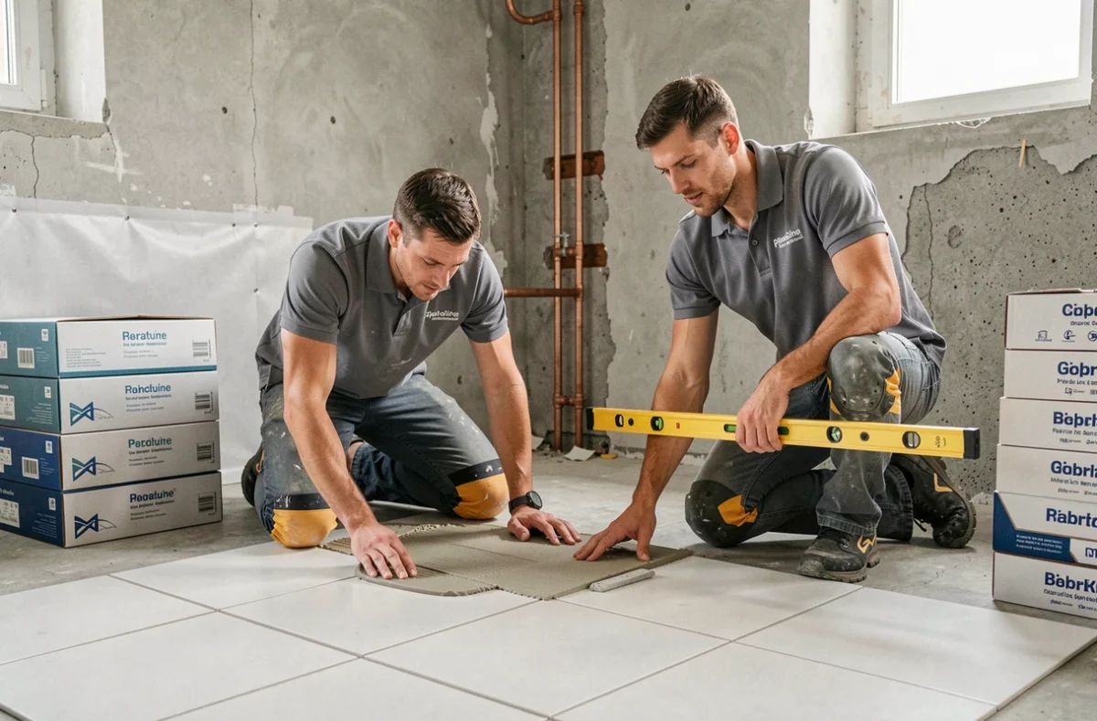 Équipe de rénovation posant du carrelage de sol dans une salle de bain en chantier complet