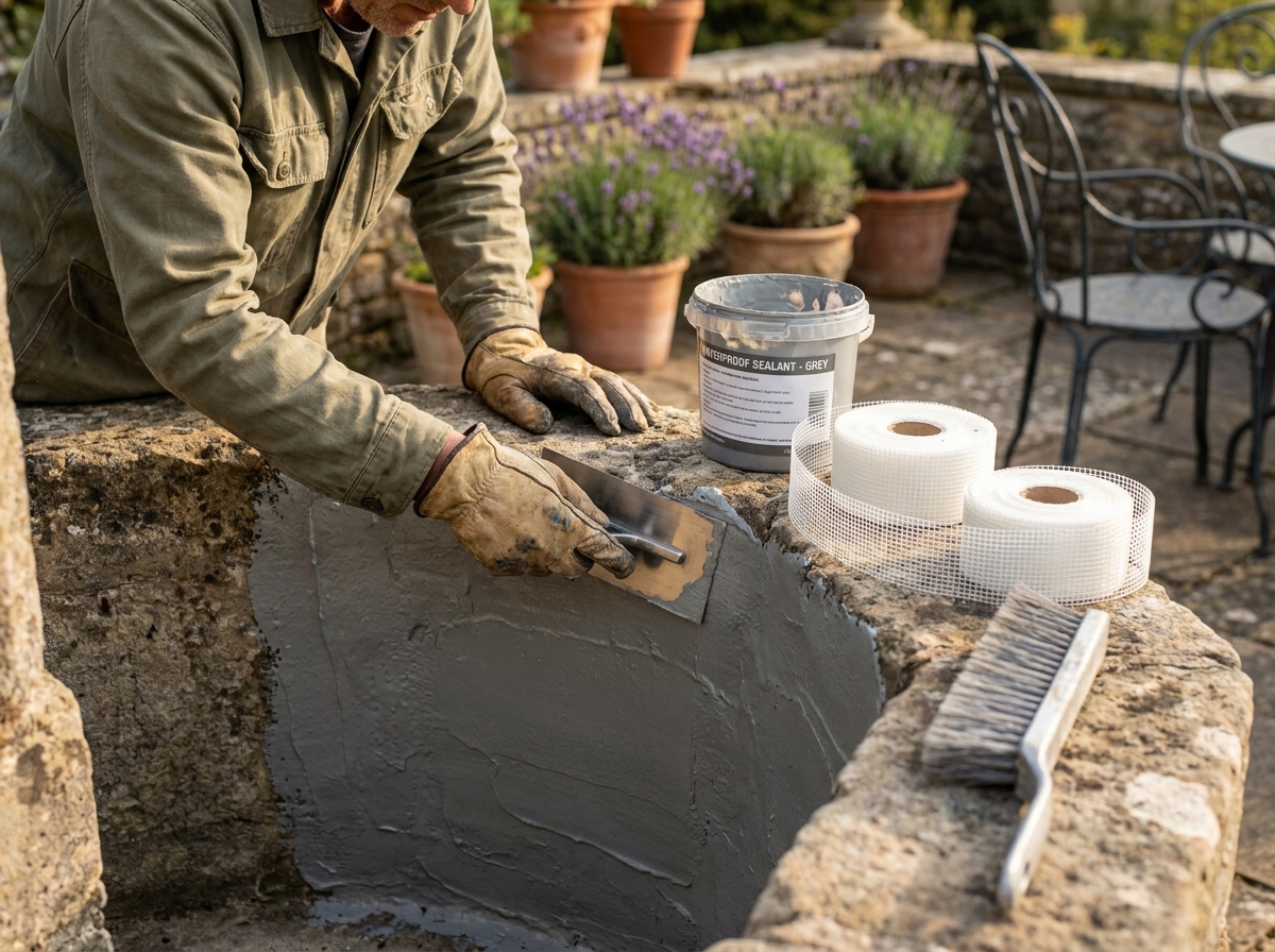 Gros plan sur les mains d'un artisan appliquant un revêtement résine sur les parois d'un bassin de jardin pour le transformer en piscine