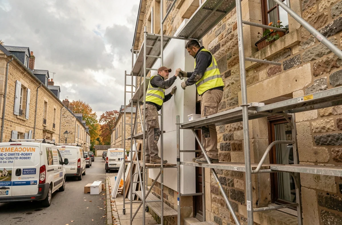 Ouvriers réalisant des travaux d'isolation extérieure sur une maison en pierre à Brie-Comte-Robert