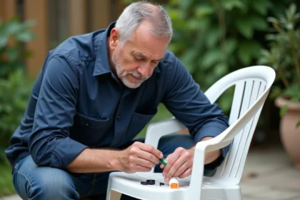 Homme d'âge moyen réparant une chaise en plastique blanc
