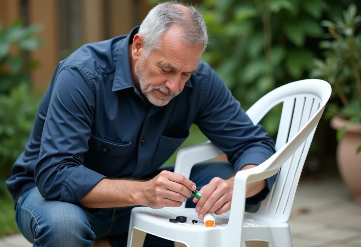 Homme d'âge moyen réparant une chaise en plastique blanc