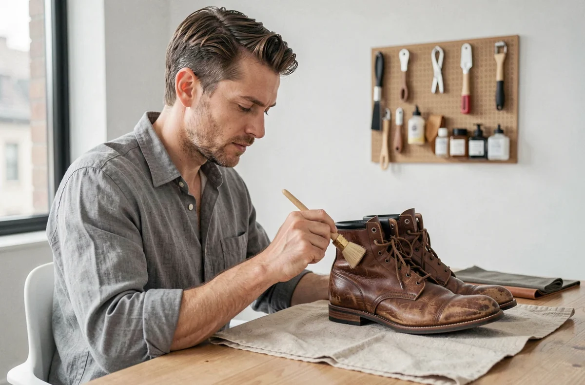 Homme restaurant une botte en cuir usée avec un produit de coloration cuir dans un appartement moderne