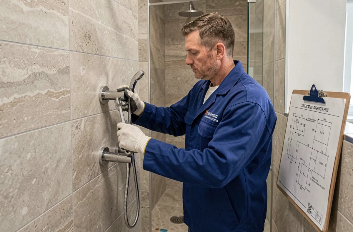 Technicien en installation sanitaire posant un mitigeur thermostatique de douche à Strasbourg