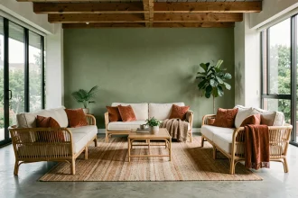 Salon Feng Shui avec mur vert sauge, canapé blanc crème et plantes vertes pour une harmonie des couleurs apaisante