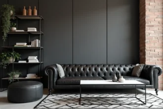 Salon loft industriel noir et blanc avec canapé en cuir noir, mur en brique apparente et sol en béton ciré
