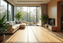 Salon lumineux avec plantes vertes et parquet en chene