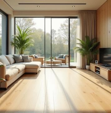 Salon lumineux avec plantes vertes et parquet en chene