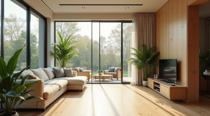 Salon lumineux avec plantes vertes et parquet en chene