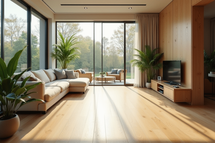 salon-lumineux-avec-plantes Salon lumineux avec plantes vertes et parquet en chene