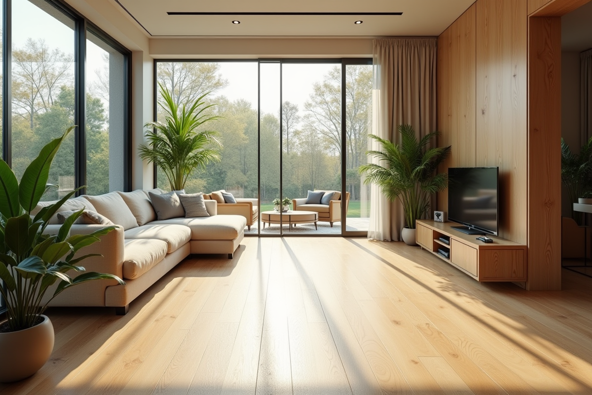 Salon lumineux avec plantes vertes et parquet en chene