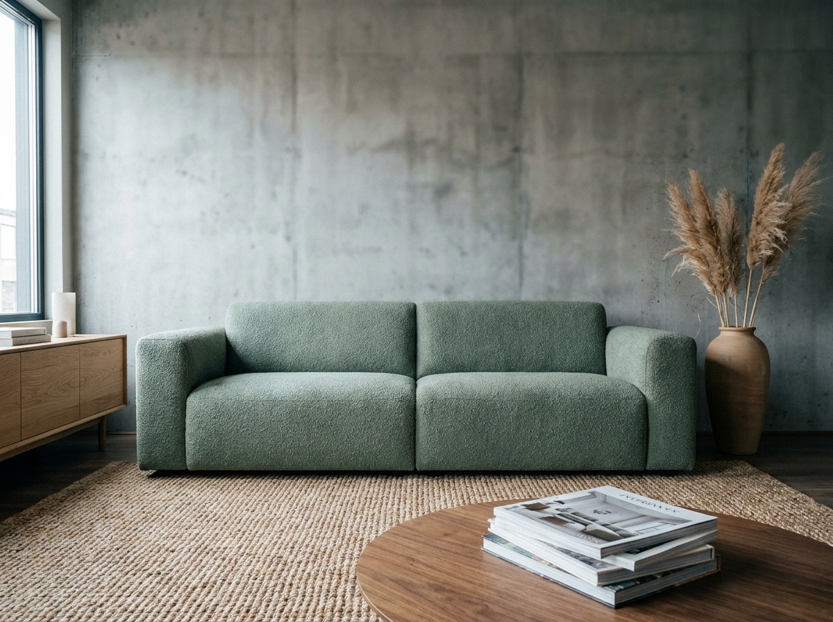 Salon moderne décoré autour d'un canapé en bouclé vert sauge avec mur en béton brut et tapis en jute