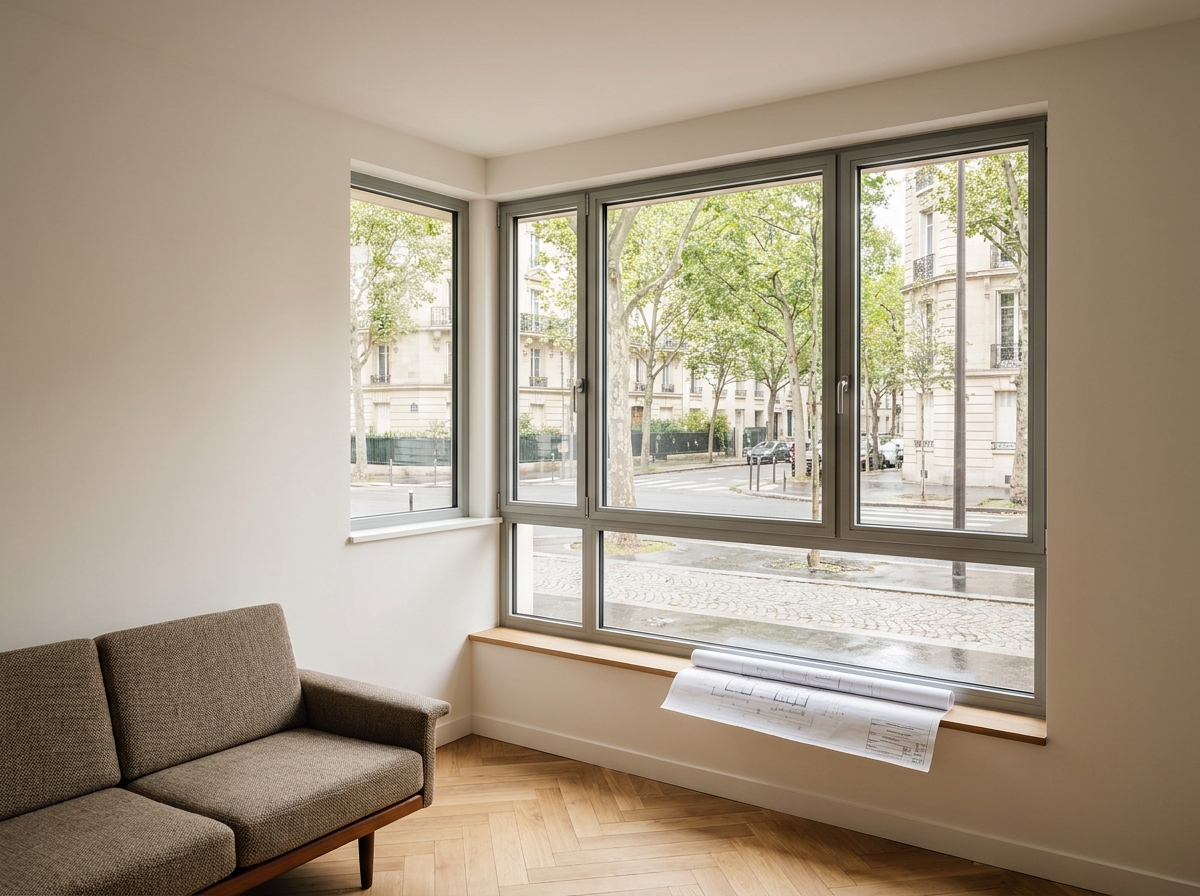 Salon d'appartement des années 70 entièrement rénové avec nouvelle fenêtre en aluminium gris donnant sur une rue parisienne