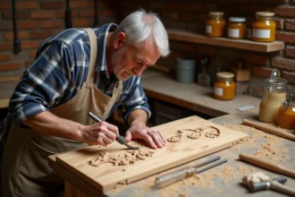 Sculpteur sur bois utilisant une gouge courbe pour tailler un bas-relief floral dans un atelier artisanal