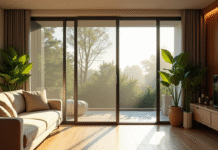 Salon moderne avec grande porte vitree et ecran insecte