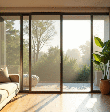 Salon moderne avec grande porte vitree et ecran insecte