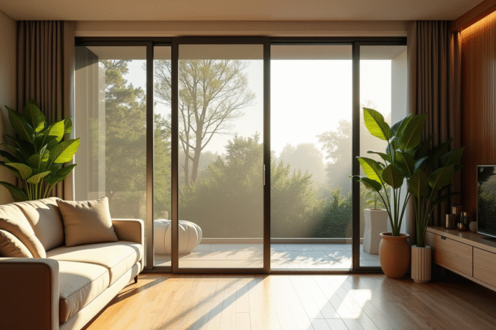 Salon moderne avec grande porte vitree et ecran insecte