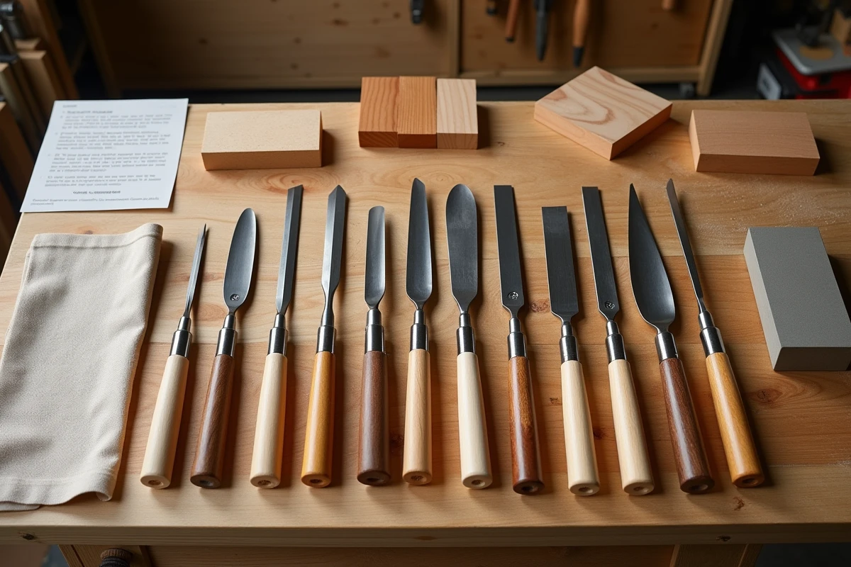 Sélection de gouges à bois de différents profils disposées en flat lay sur un établi d'atelier