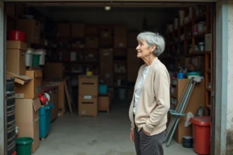 Femme senior devant un garage encombré à vider, envisageant un service de débarras adapté