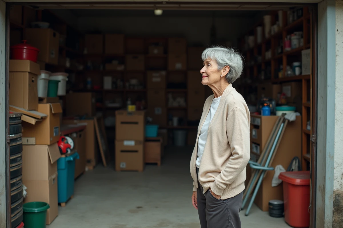 Femme senior devant un garage encombré à vider, envisageant un service de débarras adapté