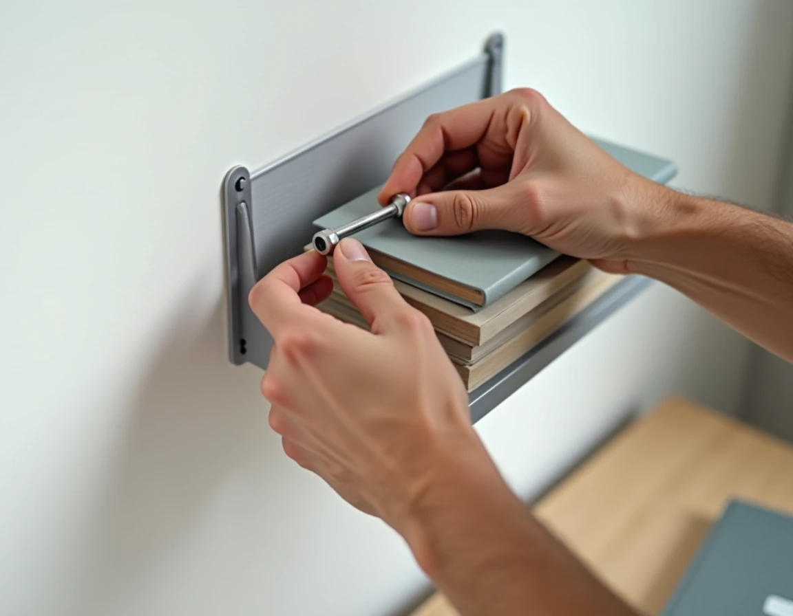 Gros plan sur des mains serrant un boulon de fixation d'un book stacker mural avec une clé Allen dans un bureau minimaliste