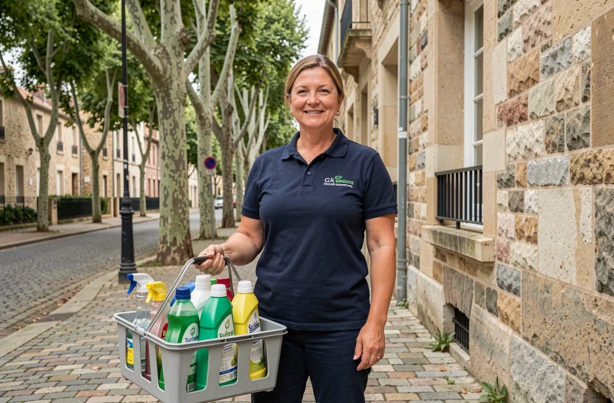 Professionnelle du service d'aide ménagère devant un immeuble résidentiel à Tours