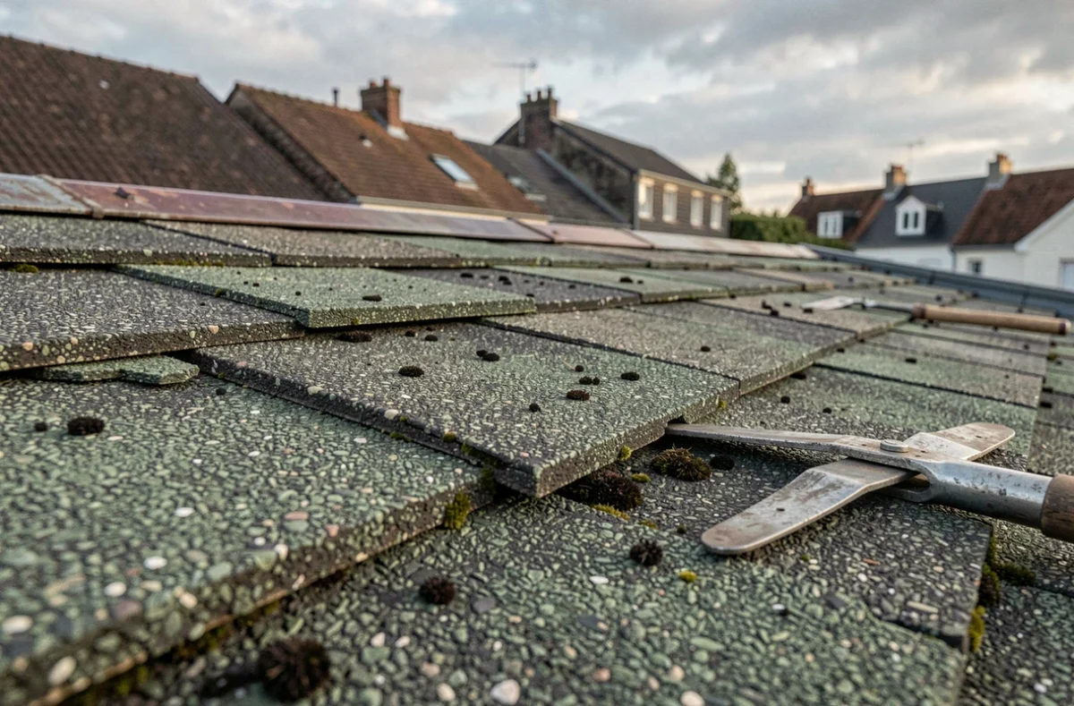 Gros plan sur des shingles abîmés avec mousse et granules manquants nécessitant un entretien professionnel