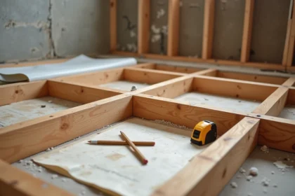 Solives en bois apparentes sous plancher de salle de bain en rénovation avec membrane pare-vapeur