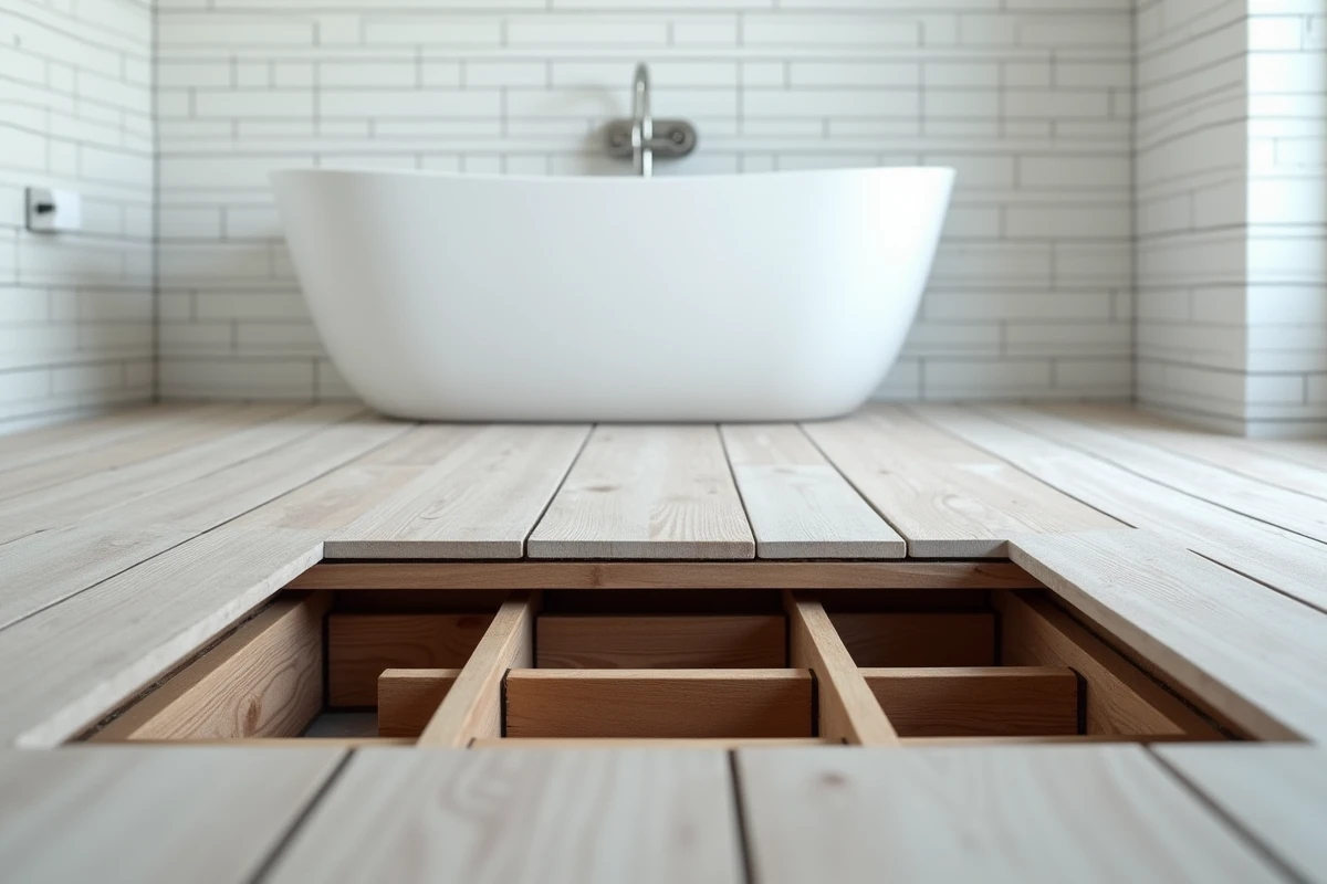 Trappe d'accès ouverte révélant des solives bois traitées sous plancher vinyle dans une salle de bain moderne