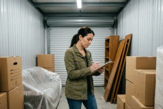 Femme inspectant des meubles et cartons stockés dans un garde-meuble avant un déménagement