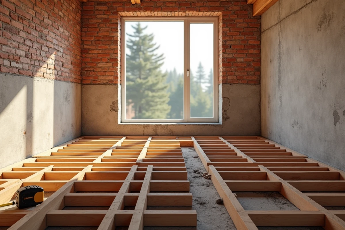 Structure de plancher avec lambourdes et solives apparentes lors d'une rénovation intérieure